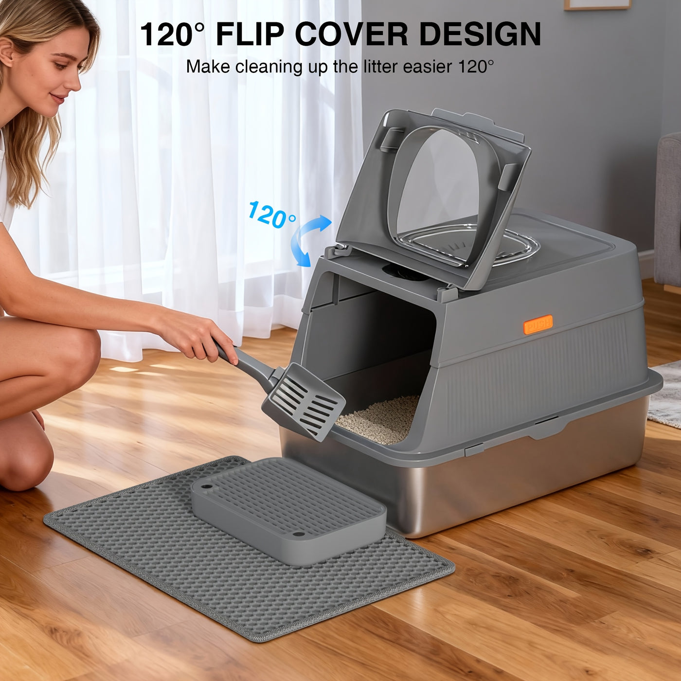Extra Large Stainless Steel Cat Litter Box with Lid Enclosed Foldable Anti-Splash Indoor Cat Toilet with Front Flap Door Superior Odor Control