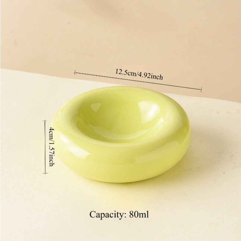 Donut Shaped Ceramic Cat Bowl Wide Opening – Anti-Tip Minimalist Pet Food & Water Dish with Stable Base, 4.92 Inch, 8 Colors