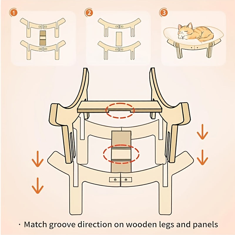 Elevated Wooden Cat Bed with Soft Cushion Raised Pet Lounge Chair Sofa – Modern Solid Wood Cat Hammock for Indoor Cats and Small Dogs with Linen Fish Toy