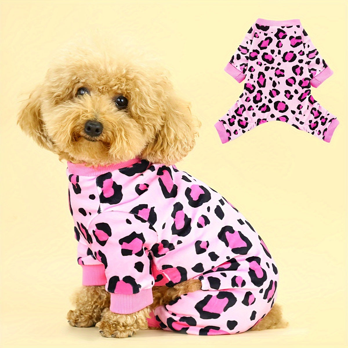 Leopard Print Dog Jumpsuit Plush Pullover for Small & Medium Dogs – Soft Polyester Knit Pet Onesie for Spring, Fall & Winter, Sizes XS-4XL