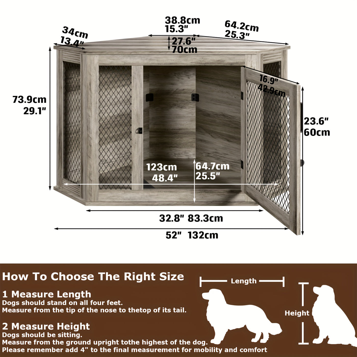 Wooden Dog Crate Furniture End Table with Mesh Door – Indoor Pet Kennel Side Table for Small Medium Dogs, 2 Sizes Brown Grey White
