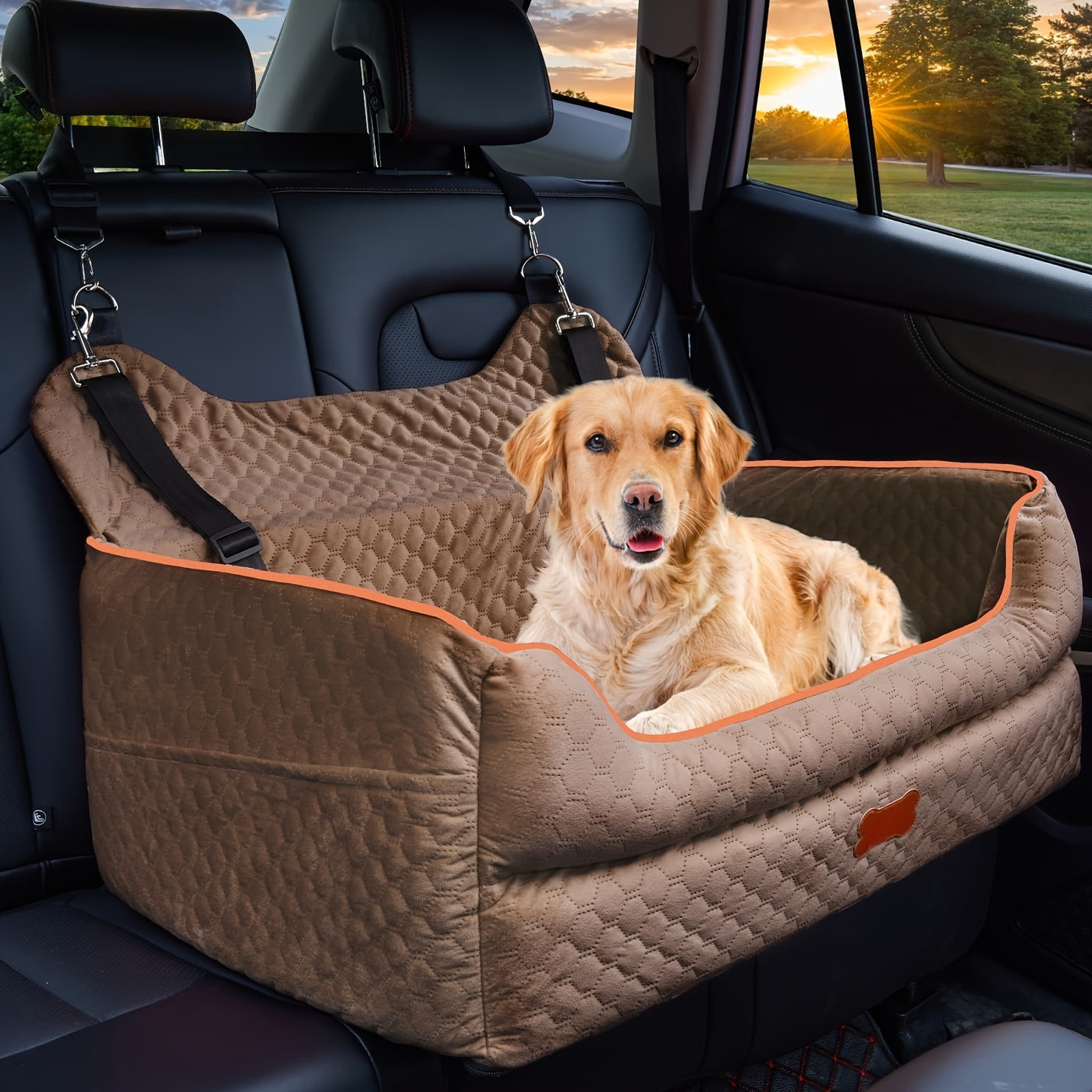 Dog Car Booster Seat for Medium Large Dogs – Washable Pet Car Seat with Thick Cushion, Safety Leash & Removable Cover for Back Seat Travel