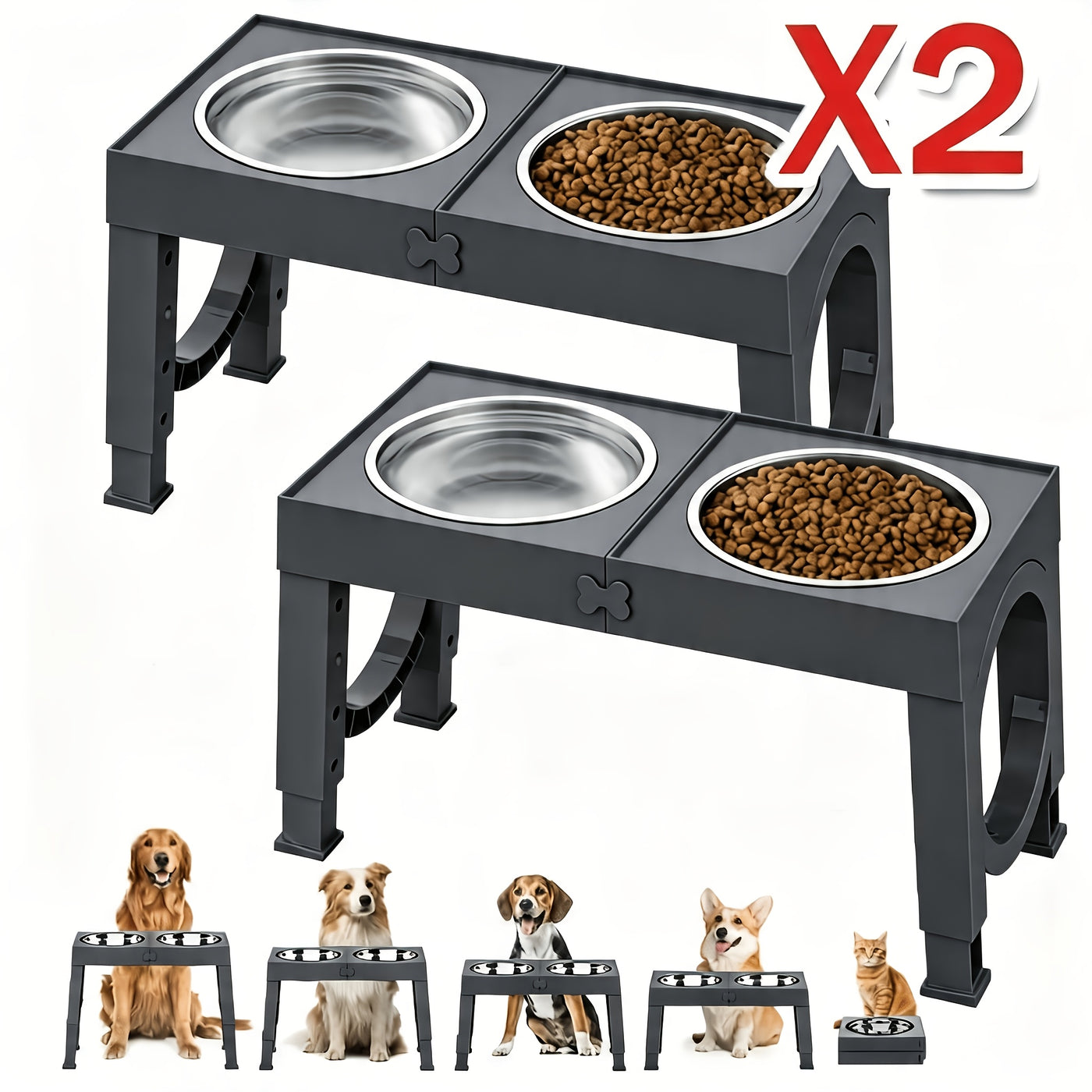 Elevated Dog Bowl Stand Foldable 5-Height Adjustable with 2 Stainless Steel Bowls - Raised Feeder for Small Medium Large Dogs & Cats Non-Slip
