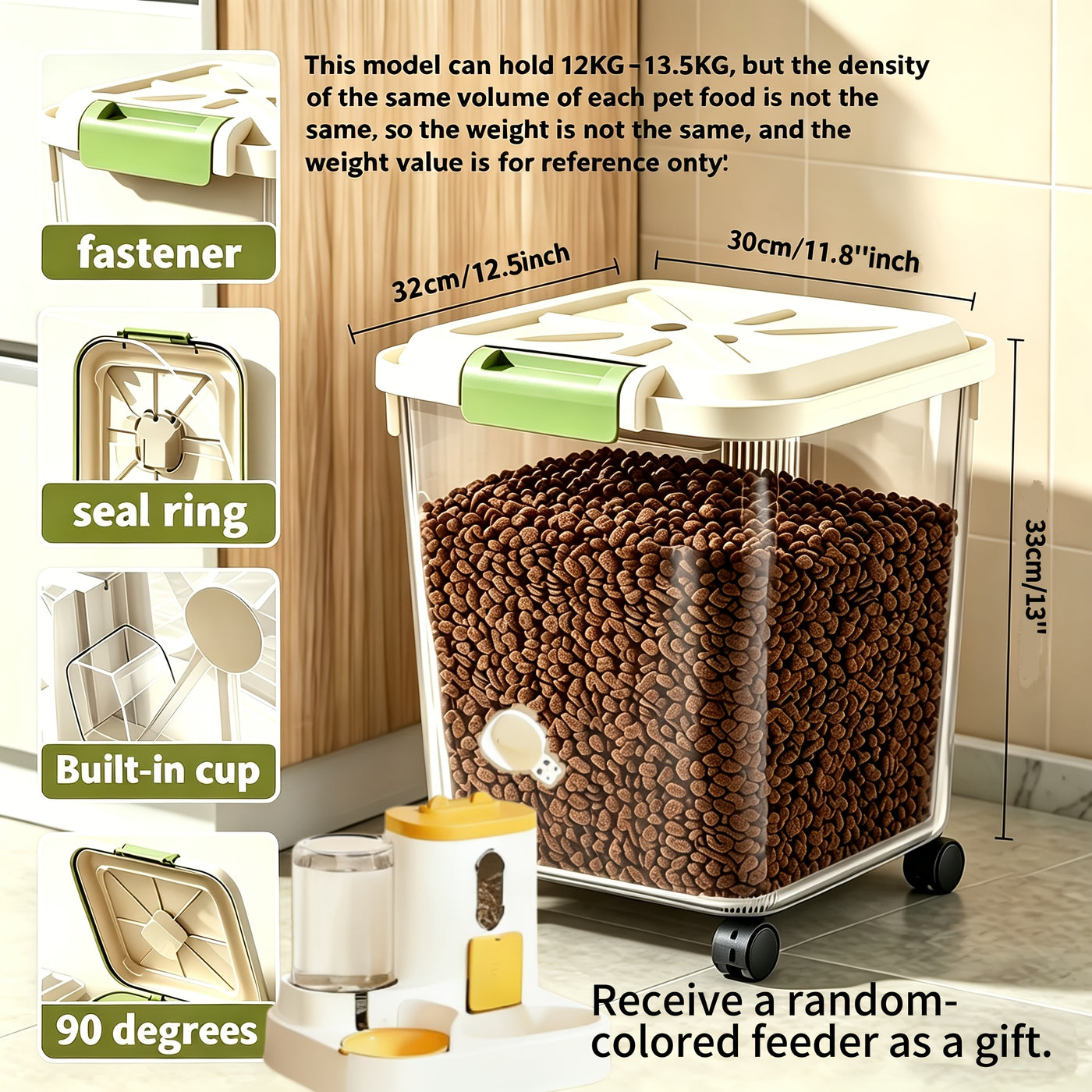 Pet Food Storage Container with Wheels – Sealed Lockable Transparent Rolling Bin with Scoop for Dog Cat Bird Food, 11lb / 22lb / 33lb