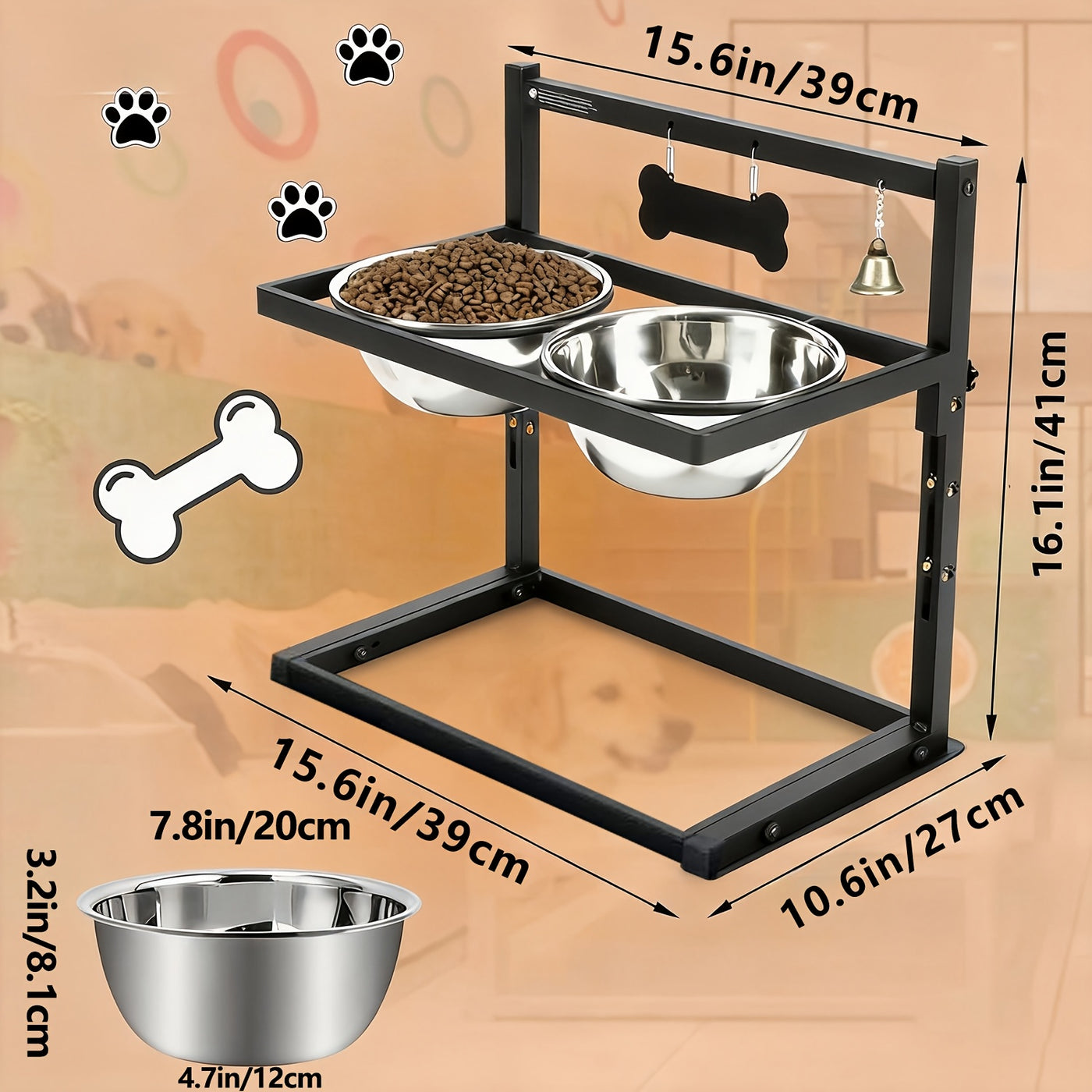 Adjustable Elevated Dog Bowl Stand with 2 Stainless Steel Bowls - Raised Feeder for Large & Medium Dogs, Height Adjustable Metal Dog Food Water Bowl Set