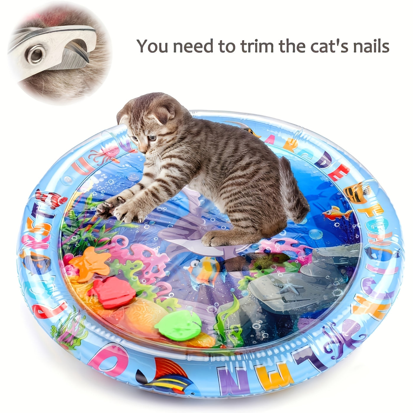Interactive Water Play Cat Mat with Floating Fish – Splash-Proof PVC Indoor Cat Toy, Cartoon Pattern, No Battery Needed, Easy Tap Water Clean