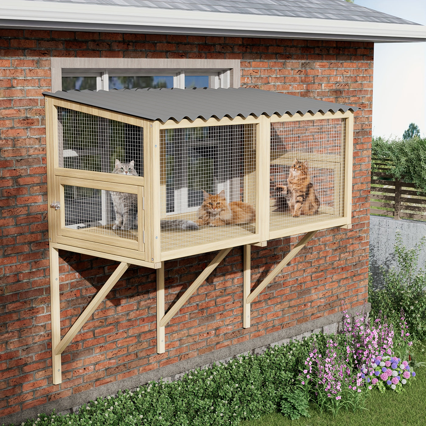 Cat Catio Window Perch Outdoor Enclosure for Large Cats - Wooden Window Box Hammock for Indoor Cats Sunbathing & Napping with 360° View, Rain-Proof Roof & Expandable Design