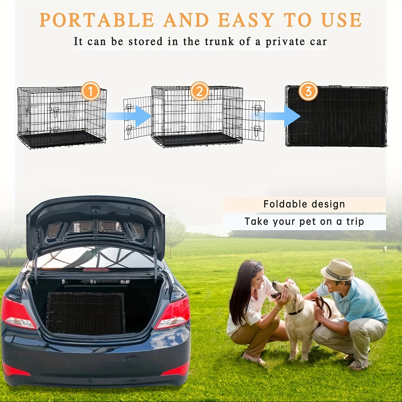 Folding Metal Dog Crate 42 & 48 Inch – Double Door Wire Dog Cage with Divider & Leak-Proof Tray for Puppies, Medium & Large Dogs, Indoor & Outdoor