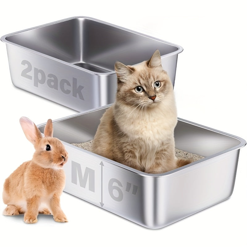 Stainless Steel Cat Litter Box 2 Pack M XL XXL Non-Stick Odor-Free Metal Litter Box for Medium and Large Cats Easy to Clean