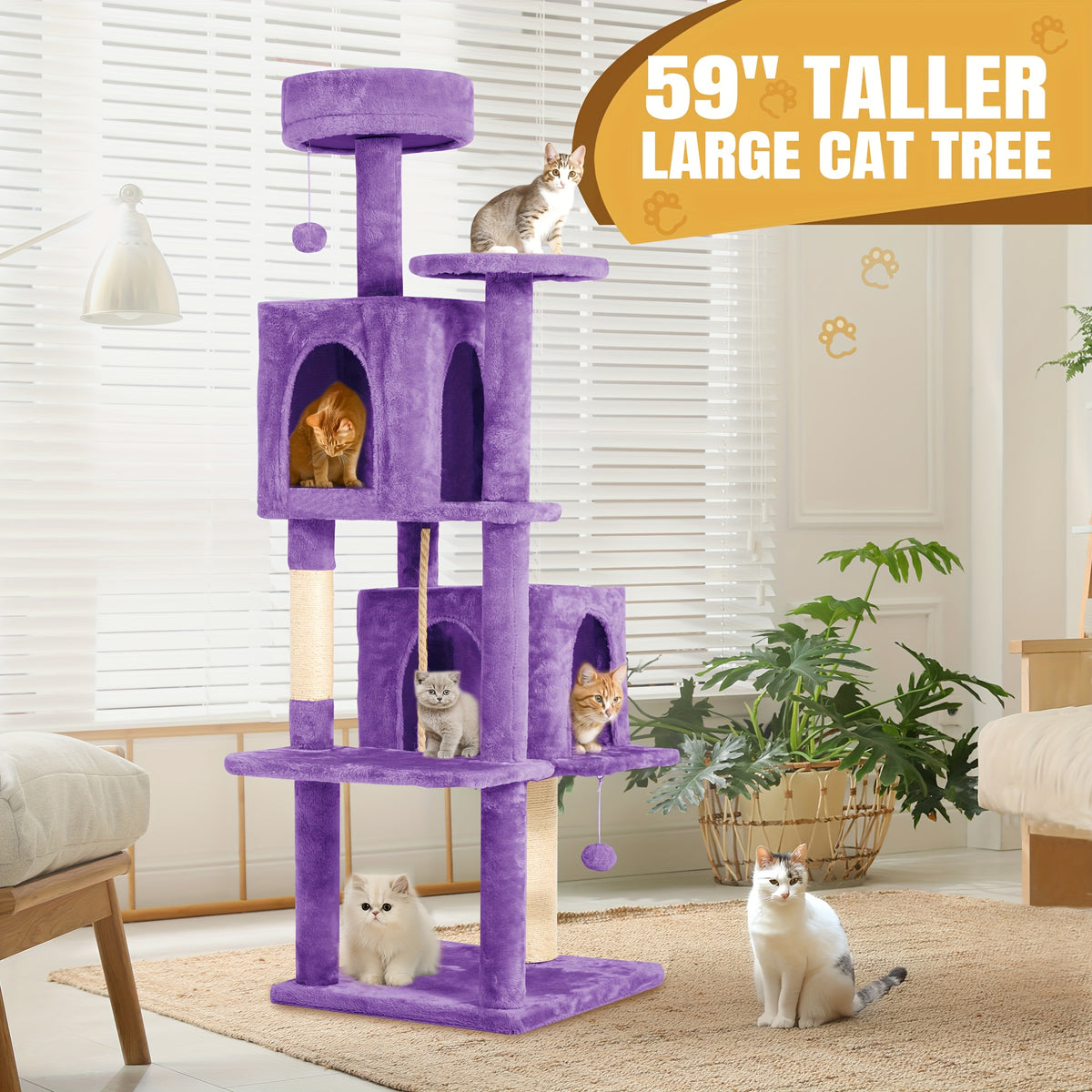 59-Inch Large Cat Tree Tower for Indoor Cats - Multi-Level Plush Perches, Sisal Scratching Posts & Hanging Ball Toy, Tall Cat Tower for Bedroom Living Room