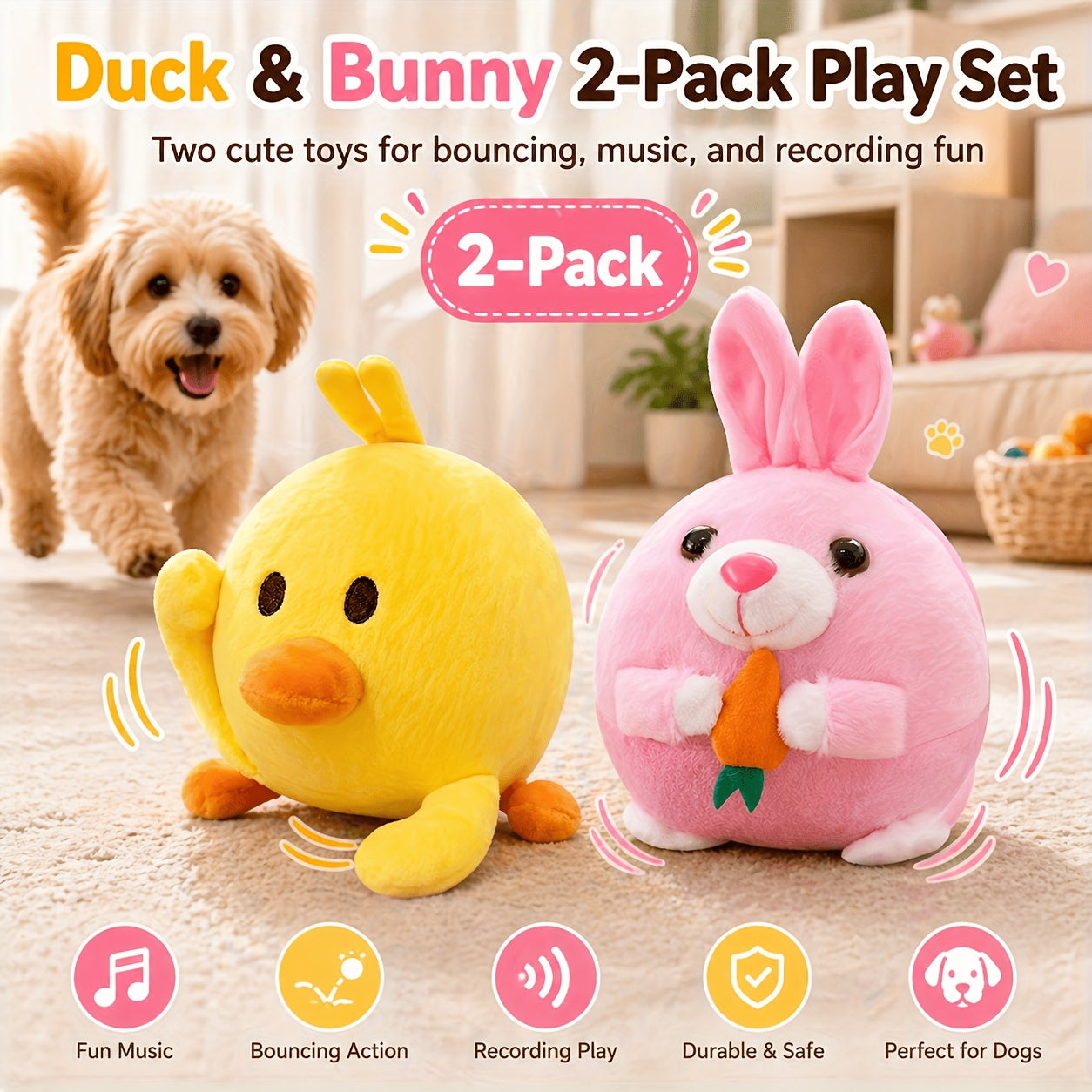Rolling Bouncing Dog Toy with Motion Sensor & Animal Sounds – USB Rechargeable, Recording Mode, Washable, for Puppies & Small Dogs, Single or 2-Pack