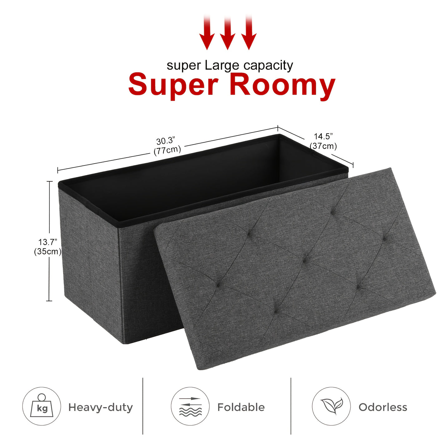 Storage Ottoman Bench Foldable with Padded Seat – End of Bed Bench & Storage Chest for Bedroom & Living Room, 2 Sizes, Grey