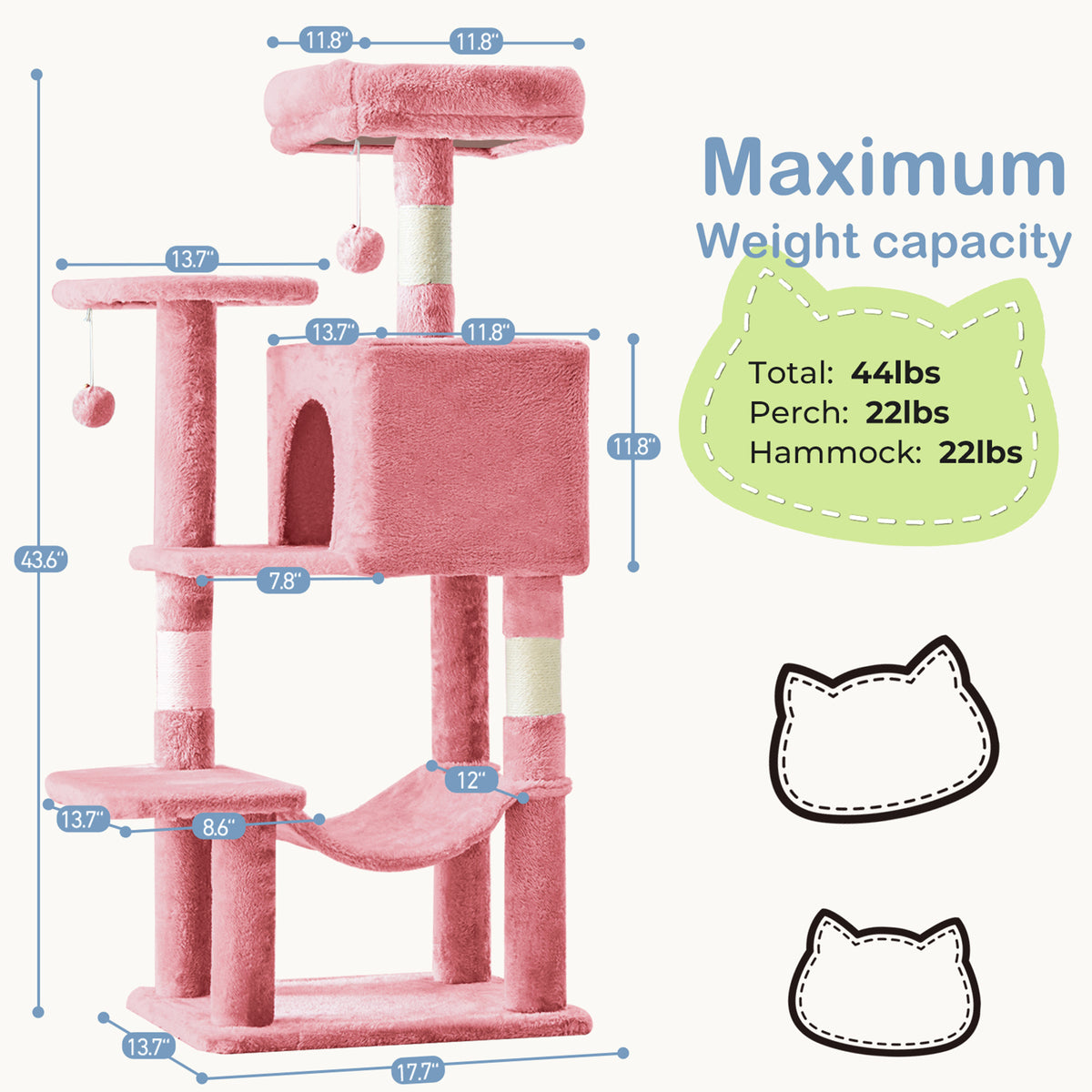 44-Inch Large Cat Tree Tower with Condo, Hammock & Sisal Scratching Posts – Multi-Level Indoor Cat House for Multiple Cats