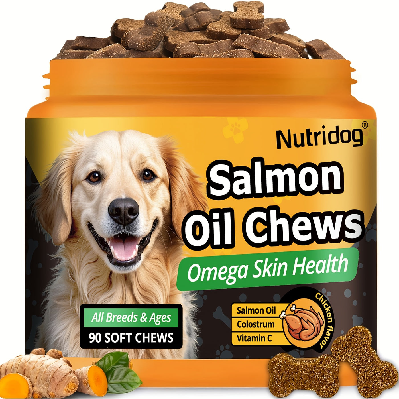 Dog Supplement Chews 90ct with Probiotics and Salmon Oil – Coat and Gut Health Chicken Flavor Soft Chews for All Ages