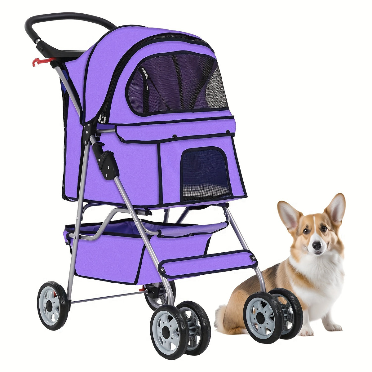 4-Wheel Pet Stroller for Cats & Dogs – Portable Breathable Stroller with Storage Basket & Cup Holder for Outdoor Walks | Black, Blue, Pink, Purple, Red