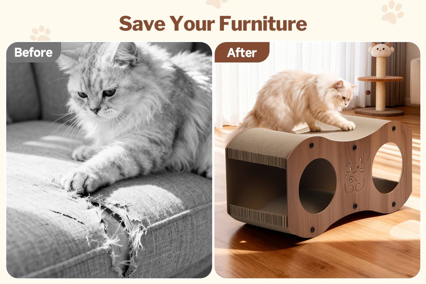 Cat Scratching Post with Integrated Woven Bed & Cat Toy - Sturdy Wood Base 4-Season Scratch Pad for Indoor Cats, Lounging & Play, Oak or Walnut Color