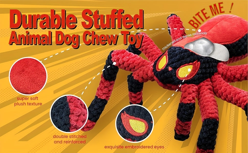 Squeaky Spider Dog Toy – Large Interactive Crinkle Tug of War Toy to Keep Dogs Busy, No Battery Needed, Funny Plush Dog Toy for Puppies & Large Breeds, Red & Blue