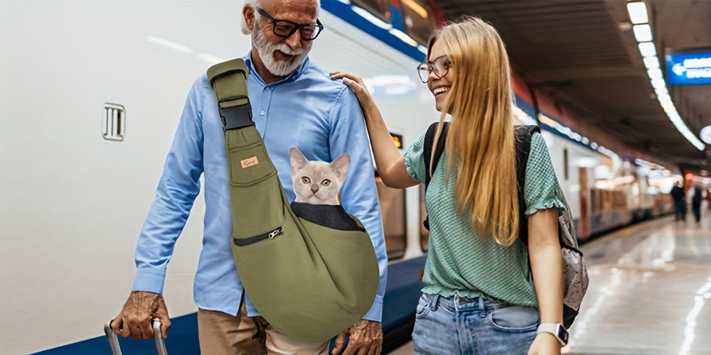 Adjustable Pet Sling Carrier with Padded Hard Bottom – Soft Dog & Cat Shoulder Bag with Drawstring Closure for Comfortable Travel | Khaki, Purple, Army Green, Blue, Grey