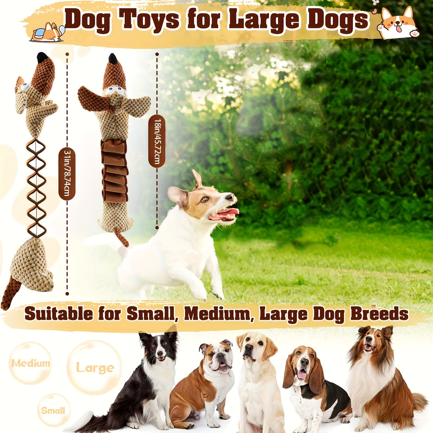 Large Squeaky Dog Pull Toy with Crinkle Filling – Stretchable 15-20 Inch Tug & Bite Toy for Small Medium Large Dogs, No Battery, Indoor Outdoor