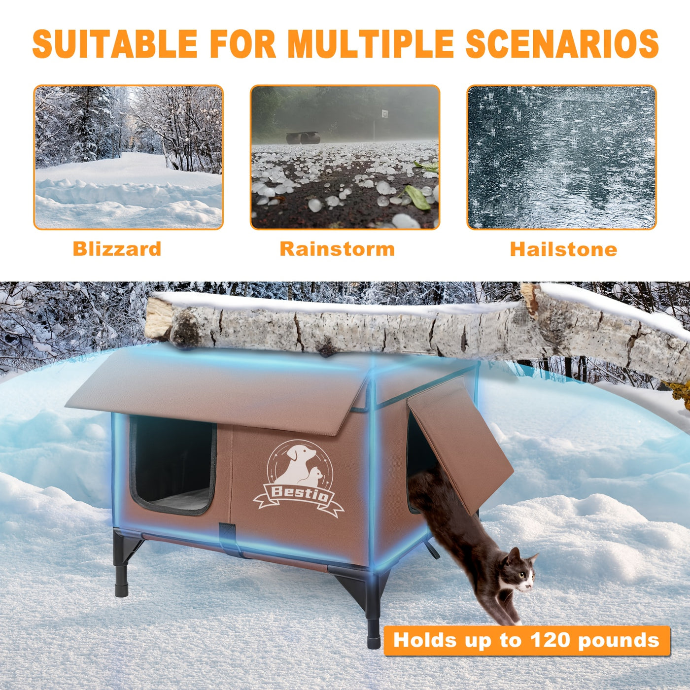 Heated Cat House Outdoor Indoor 3-in-1 with Removable Warming Pad - Elevated Cat Shelter, Chew-Resistant Cord, All-Season Cat Cave for Cats Kittens Small Dogs, Small & Large Sizes