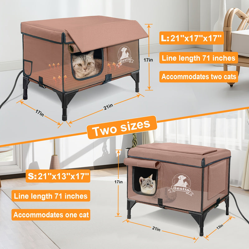 Heated Cat House Outdoor Indoor 3-in-1 with Removable Warming Pad - Elevated Cat Shelter, Chew-Resistant Cord, All-Season Cat Cave for Cats Kittens Small Dogs, Small & Large Sizes