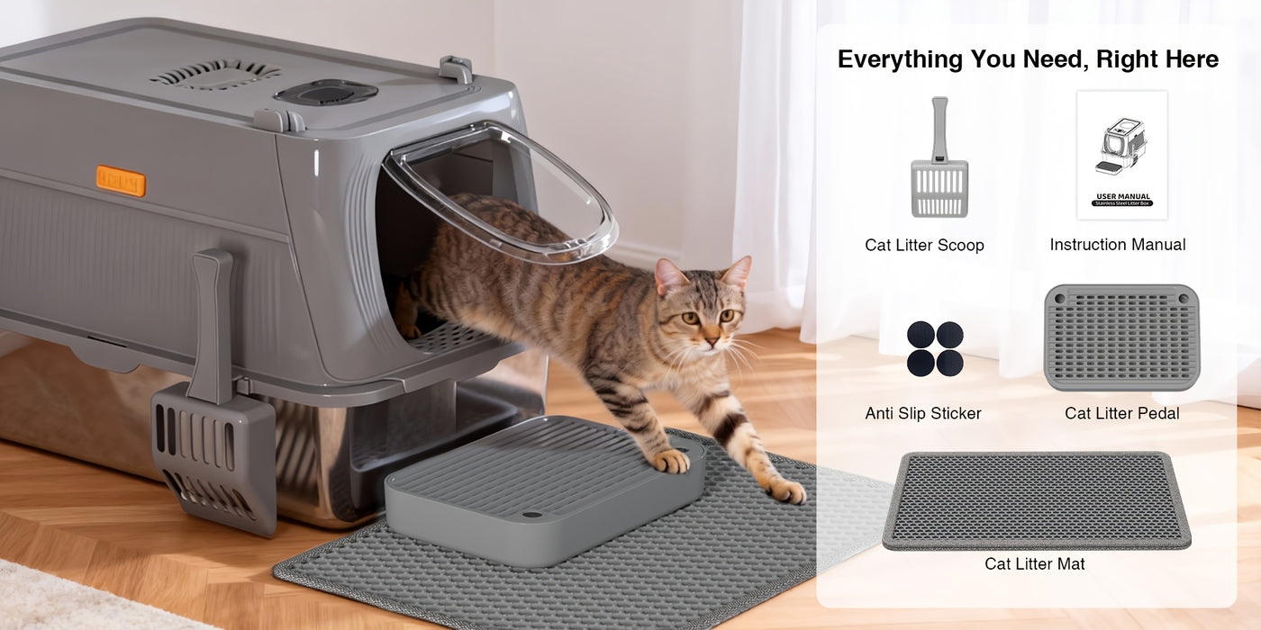 Extra Large Stainless Steel Cat Litter Box with Lid Enclosed Foldable Anti-Splash Indoor Cat Toilet with Front Flap Door Superior Odor Control