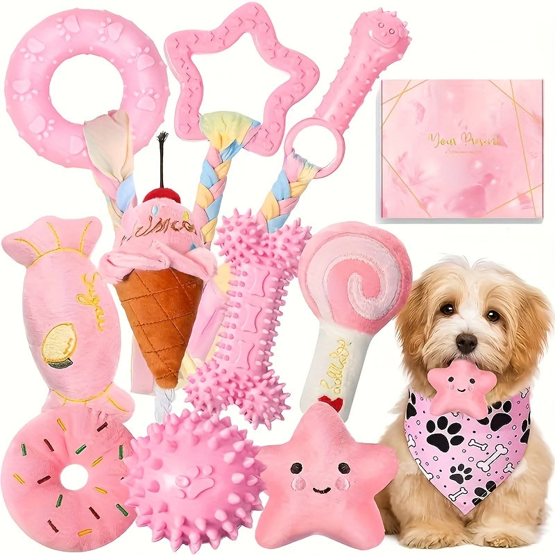 5-Piece Puppy Chew Toy Set for Small Dogs – Non-Toxic TPR & Plush Teeth Cleaning Teething Toys, Durable Interactive Dog Dental Toy Bundle, Pink & Blue