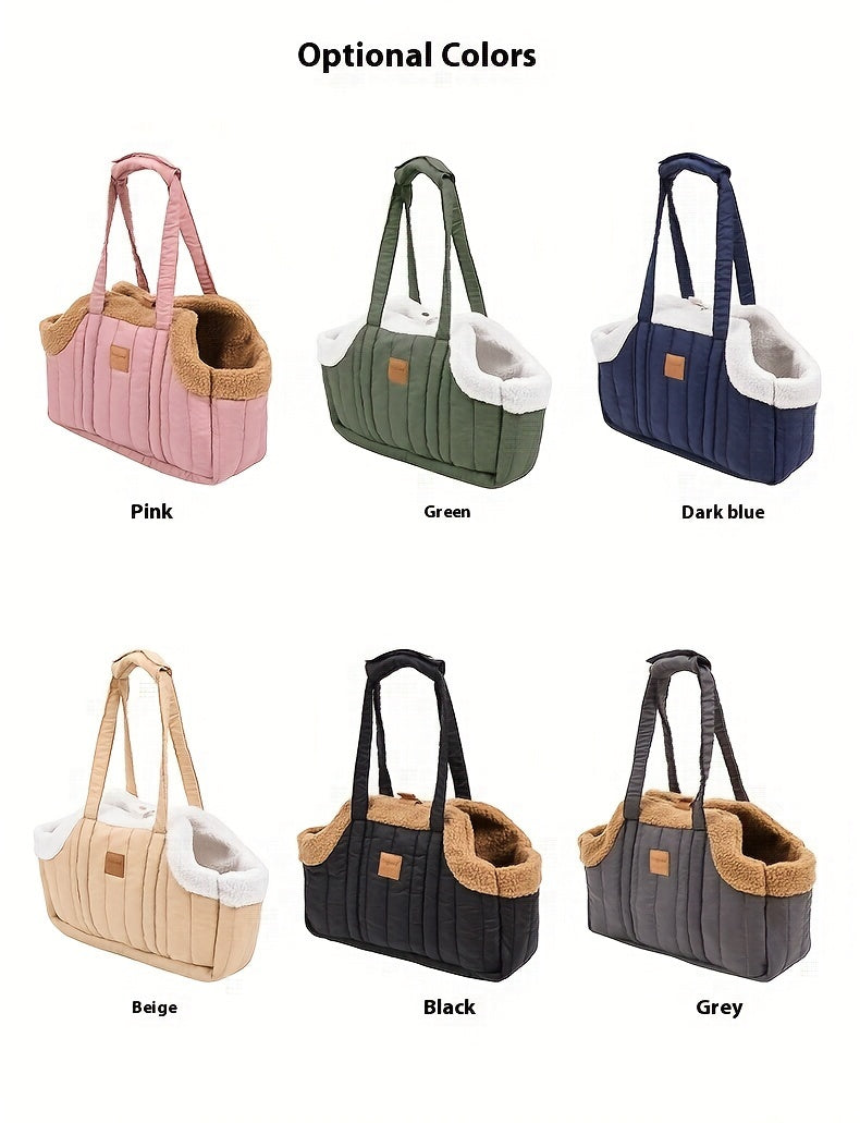 Winter Pet Carrier Handbag Open Top – Cozy Snap Closure Small Dog & Cat Tote Bag for Cold Weather Outdoor Activities, Dark Blue Grey Green Beige