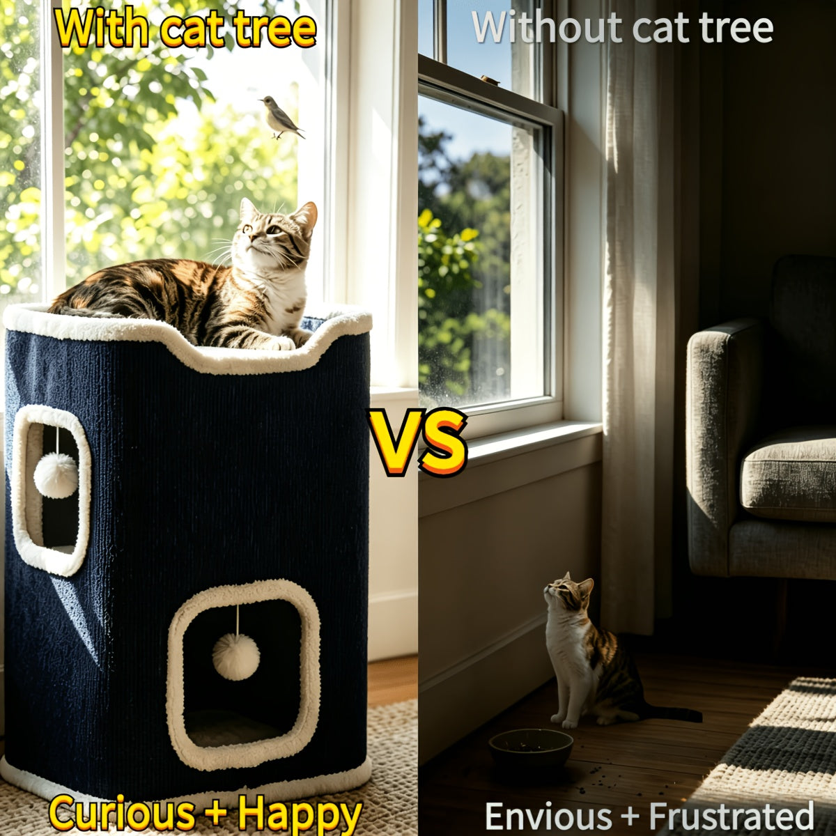 Multi-Level Foldable Cat Tree Tower for Indoor Cats – Cat Condo with Hanging Toy Balls, Cozy Top Bed & Scratch-Resistant Felt, 1/3/4 Tier