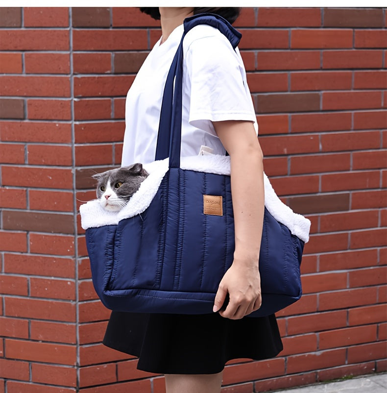 Winter Pet Carrier Handbag Open Top – Cozy Snap Closure Small Dog & Cat Tote Bag for Cold Weather Outdoor Activities, Dark Blue Grey Green Beige