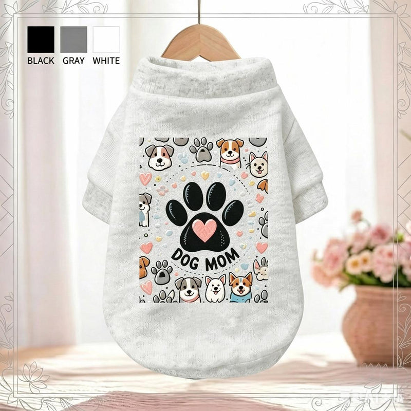 Dog Mom Paw Print Sweatshirt – Heart Embroidery Graphic Soft Warm Pullover for Small Dogs, Yorkie, Teddy, Pomeranian | White & Black, M & L