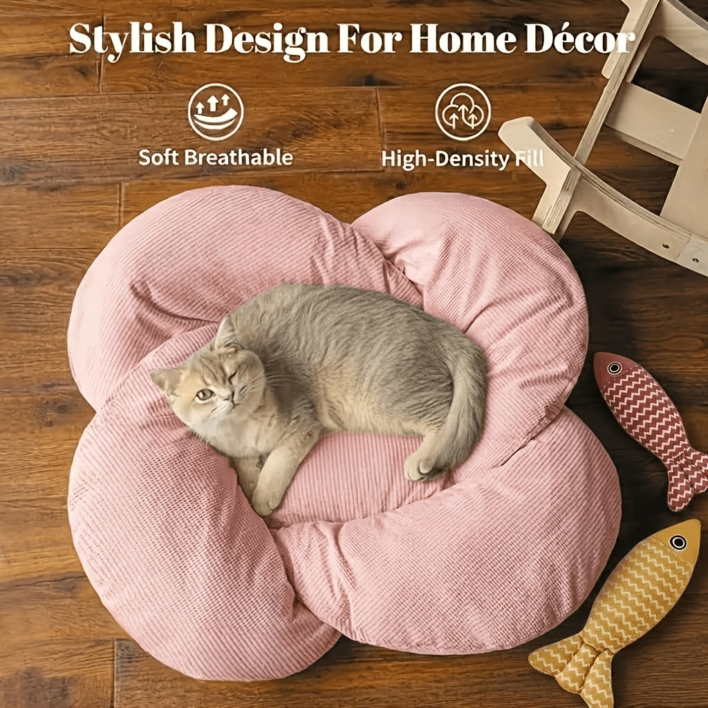 Elevated Wooden Cat Bed with Soft Cushion Raised Pet Lounge Chair Sofa – Modern Solid Wood Cat Hammock for Indoor Cats and Small Dogs with Linen Fish Toy