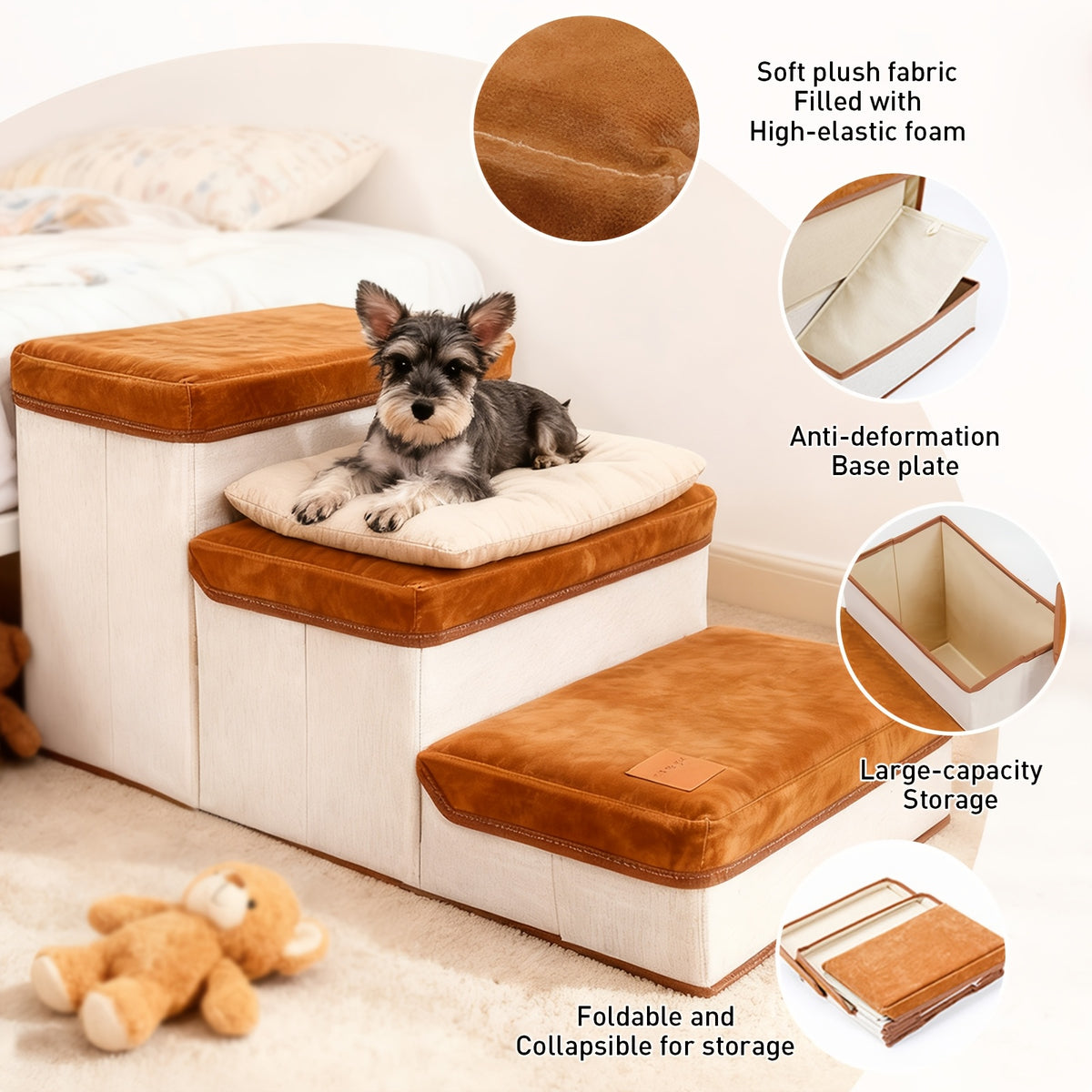 3-Tier Foldable Dog Stairs with Non-Slip Surface – Pet Steps for High Beds & Sofas, Small & Extra-Small Dogs, Nylon Ramp with Plush Chicken Toy, Coffee & Gray