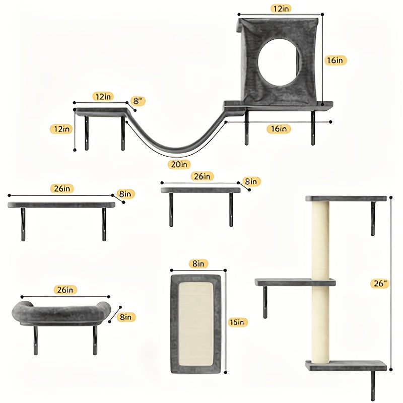 Wall Mounted Cat Climbing Shelf Set – 6 or 7 Piece Cat Wall Furniture with Scratching Post, Bridge, Ladder & Tunnel, Indoor Cat Condo for Cats of All Sizes