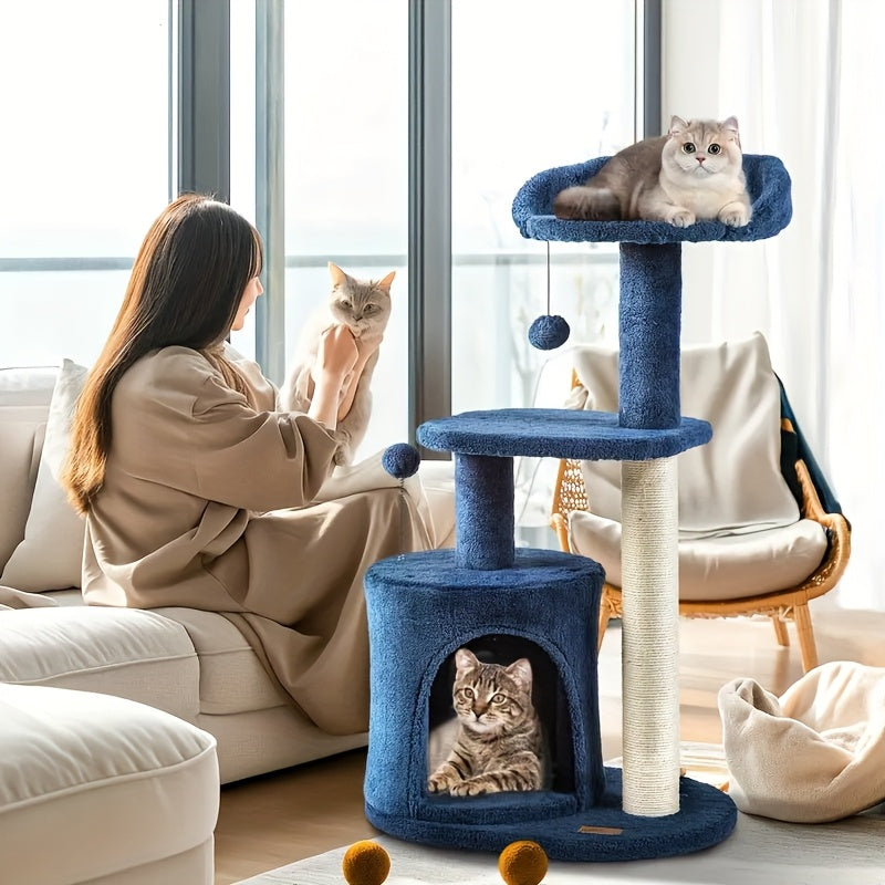 32-Inch Cat Tree with Condo, Sisal Scratching Post, Plush Perches & Pompom Toys for Indoor Cats - Denim Blue Multi-Level Cat Tower Activity Center