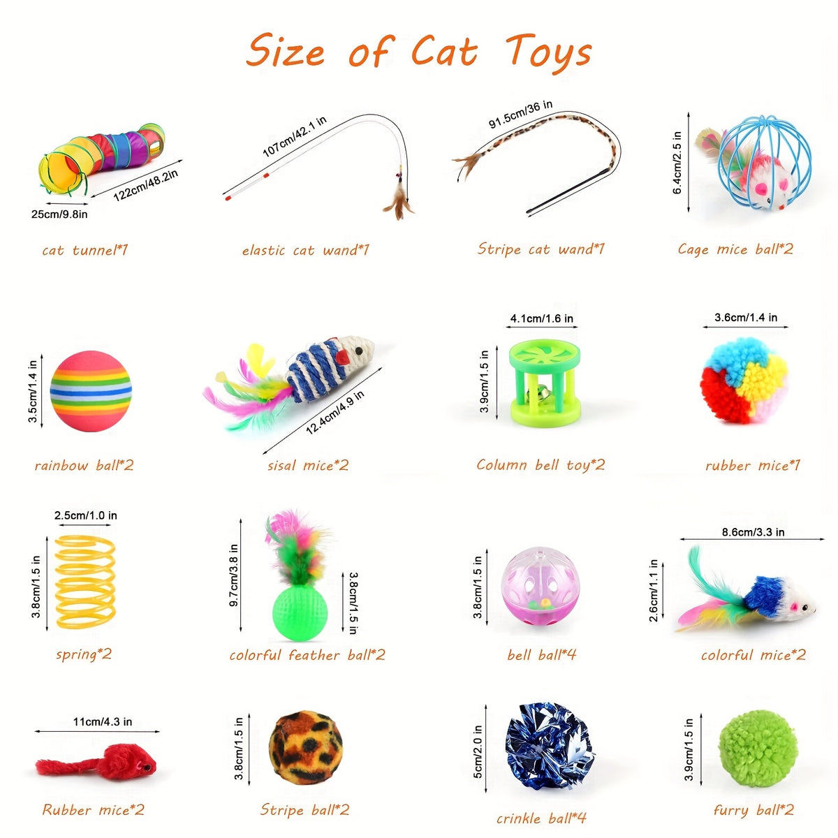32-Piece Cat Toy Set with Rainbow Tunnel – Kitten Toys Assortment Including Feather Teaser Wand, Sisal Mice, Bell Balls & Crinkle Balls for Indoor Cats