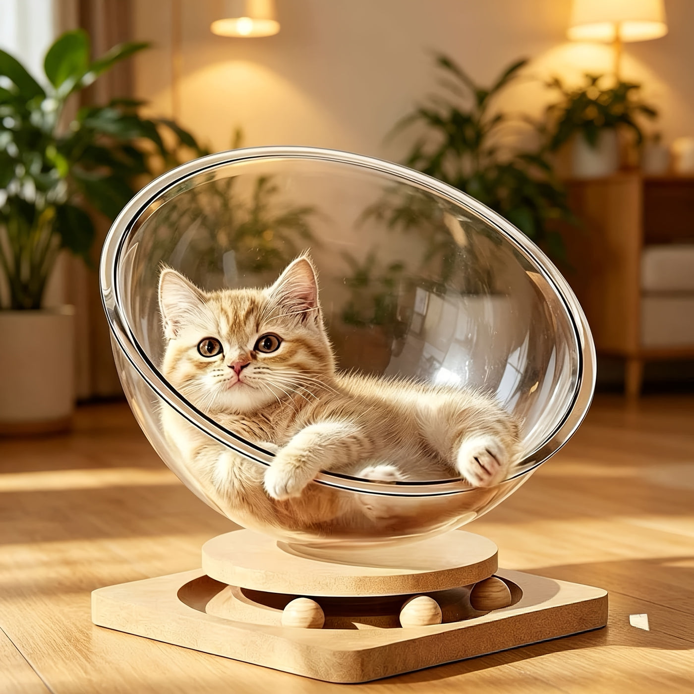 Space Capsule Cat Scratcher House 2-in-1 with Rail Ball Toy - Transparent Rotating Cat Play House Scratching Post Furniture Protector for Kittens & Cats, Interactive Cat Toy