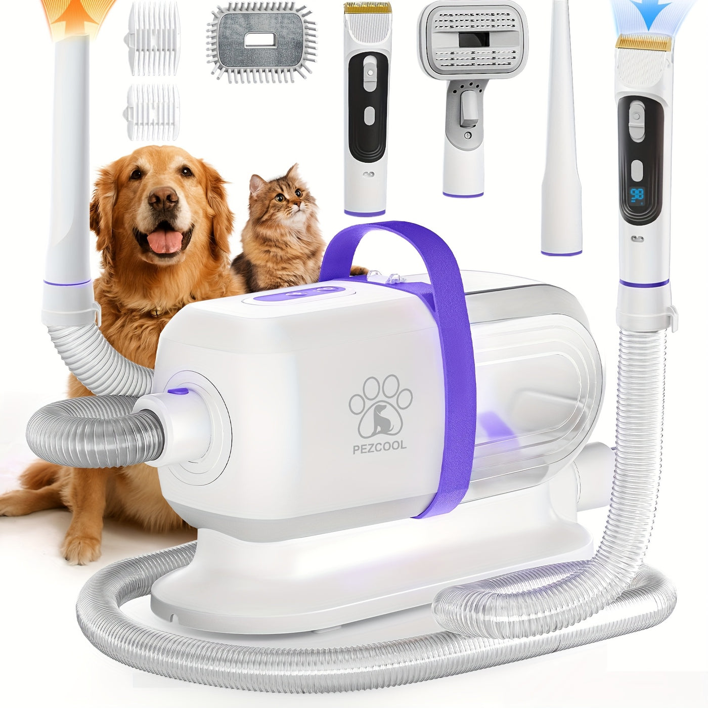 8-in-1 Pet Grooming Vacuum & Dog Hair Vacuum 12000Pa – Low Noise, 3 Suction Levels, 6 Grooming Tools, 74.39oz Large Dust Cup for Shedding Dogs & Cats | Orange & Purple