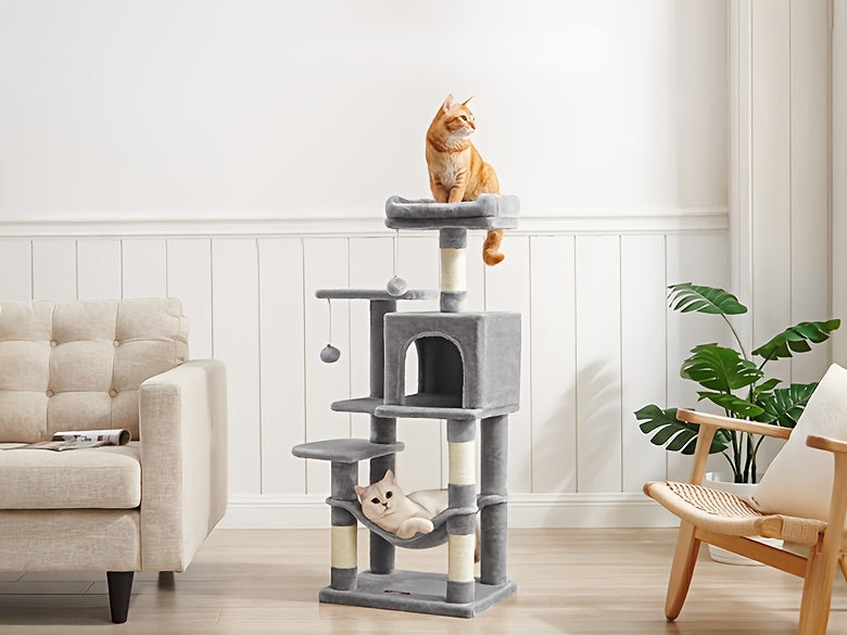 Multi-Level Cat Tree Tower with Cave & Plush Hammock - 44/66/79in Tall Cat Condo, 4 Sisal Scratching Posts, 2 Perches, Anti-Tilt, Pompom Toys for Multi-Cat Families, 5 Colors