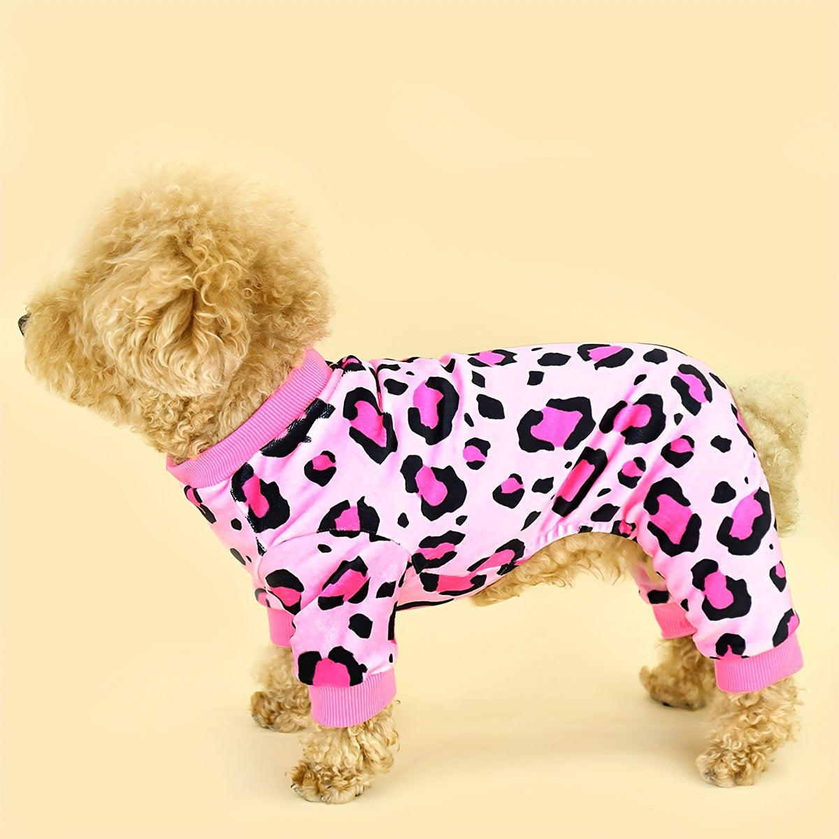 Leopard Print Dog Jumpsuit Plush Pullover for Small & Medium Dogs – Soft Polyester Knit Pet Onesie for Spring, Fall & Winter, Sizes XS-4XL