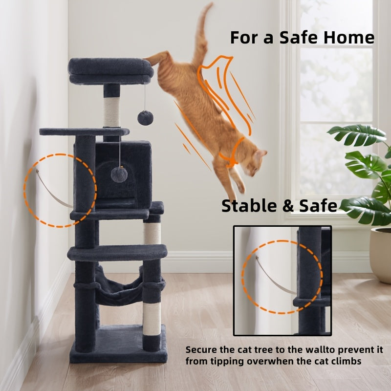 Multi-Level Cat Tree Tower with Cave & Plush Hammock - 44/66/79in Tall Cat Condo, 4 Sisal Scratching Posts, 2 Perches, Anti-Tilt, Pompom Toys for Multi-Cat Families, 5 Colors