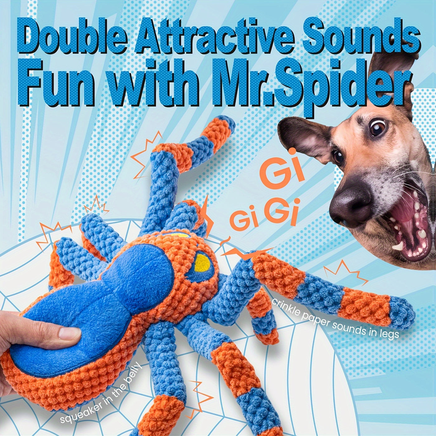 Squeaky Spider Dog Toy – Large Interactive Crinkle Tug of War Toy to Keep Dogs Busy, No Battery Needed, Funny Plush Dog Toy for Puppies & Large Breeds, Red & Blue