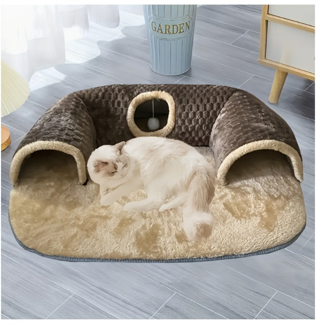 Cat Tunnel Bed & Playhouse 3-in-1 – Soft Plush Polyester Cat Tunnel with Non-Slip Base, Easy Clean, for Cats Kittens & Rabbits, 17.64lbs Capacity