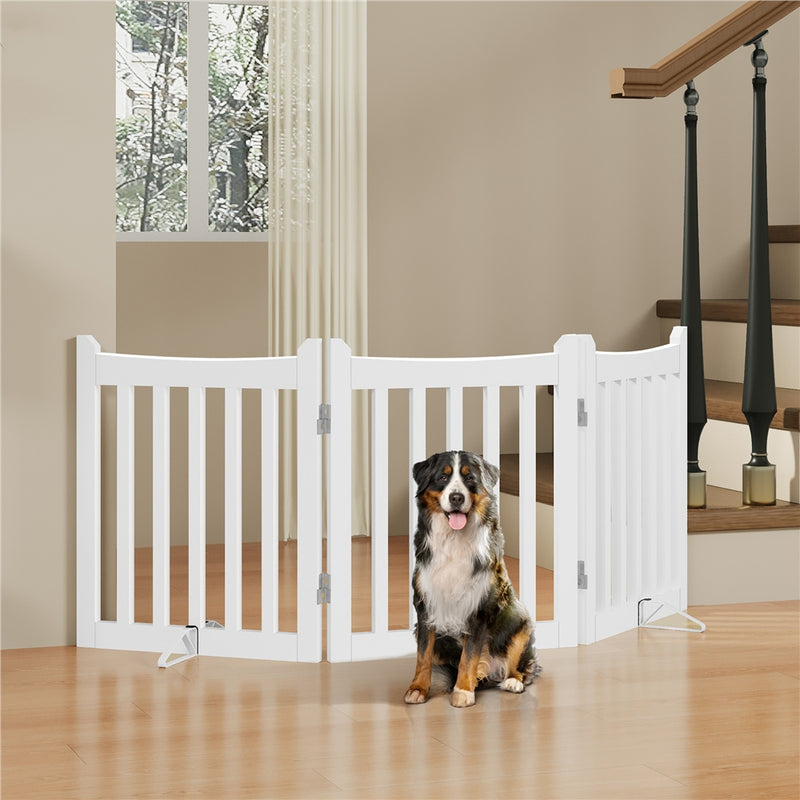 Freestanding Wooden Dog Gate Foldable Pet Fence with Door – 24" Tall Indoor Pet Barrier for Doorway Stairs, 3 or 4 Panels, White, Small Dogs