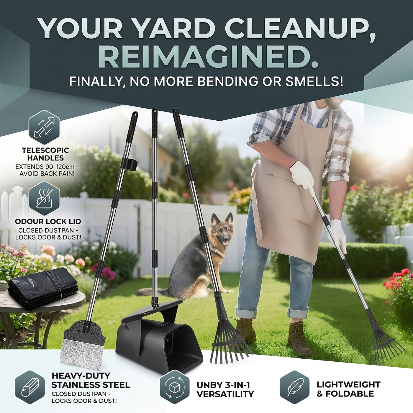 Dog Pooper Scooper Set Heavy Duty – Long Handle with Swivel Bin, Rake & Spade for Grass, Dirt & Gravel, Includes 40 Waste Bags, 2 or 3 Piece Set for Large Dogs