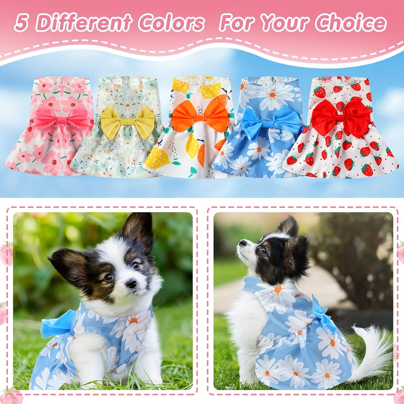 Girl Dog Dress Set of 5 Cute Styles – Floral Princess Bow Puppy Dresses for Small Dogs & Cats, Soft Polyester Press Buckle Pet Costume for Yorkshire Mini Toy Breeds, All Seasons