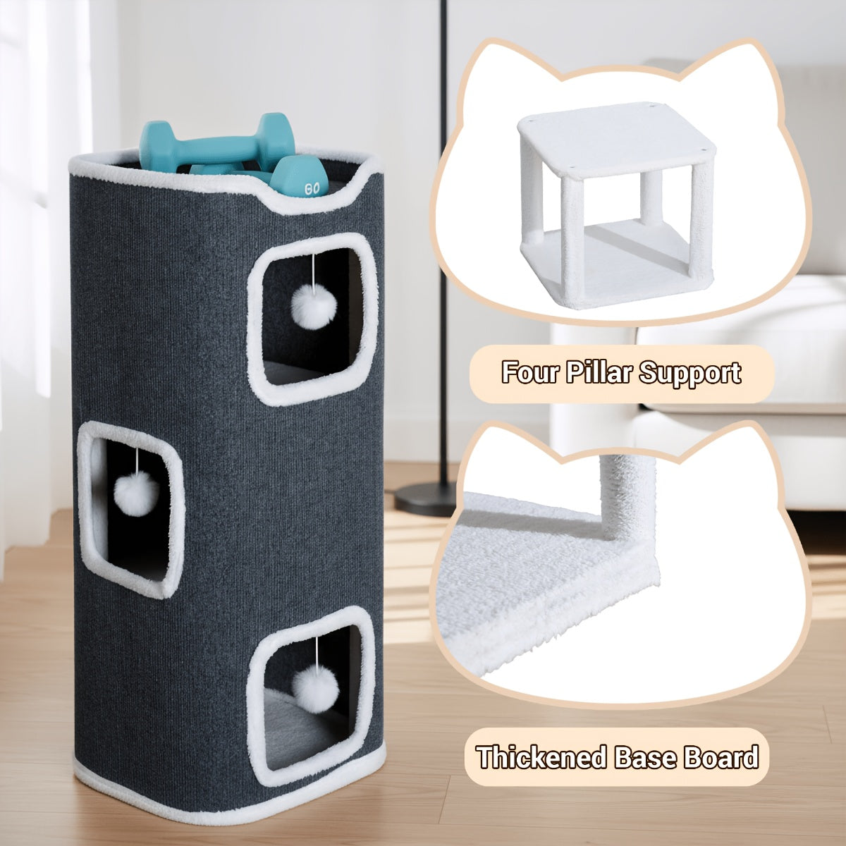Multi-Level Foldable Cat Tree Tower for Indoor Cats – Cat Condo with Hanging Toy Balls, Cozy Top Bed & Scratch-Resistant Felt, 1/3/4 Tier