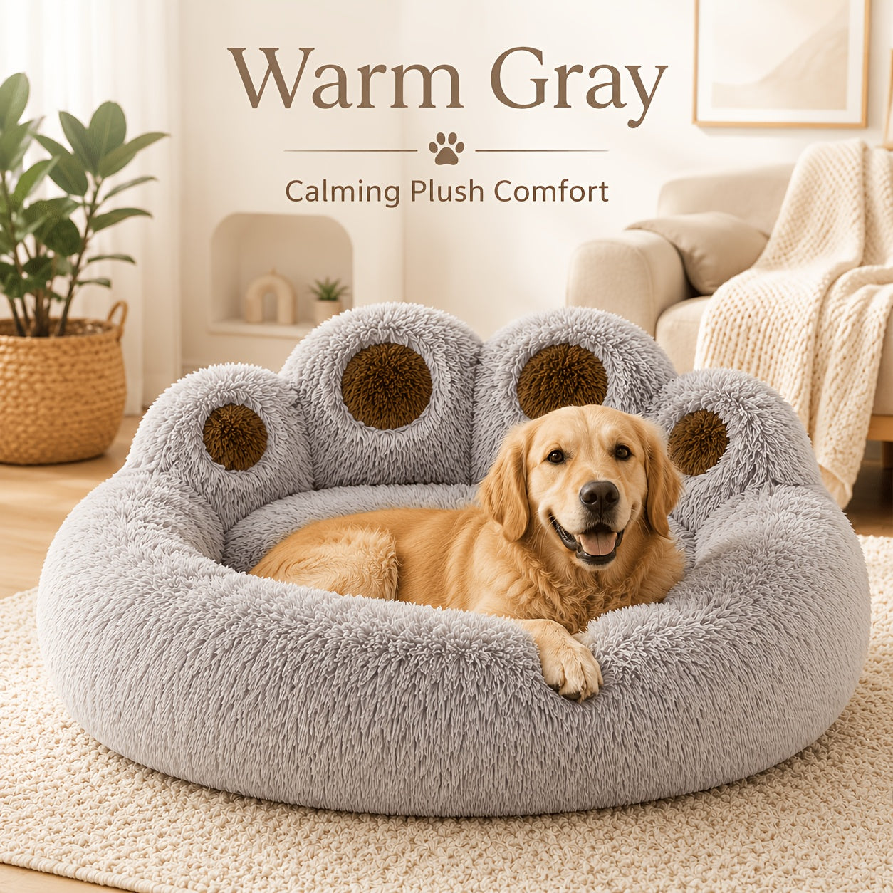 Bear Paw Round Plush Pet Bed for Dogs & Cats – Cute Warm Non-Slip Soft Bed for Small, Medium & Large Pets, 20/24/28/36 Inch