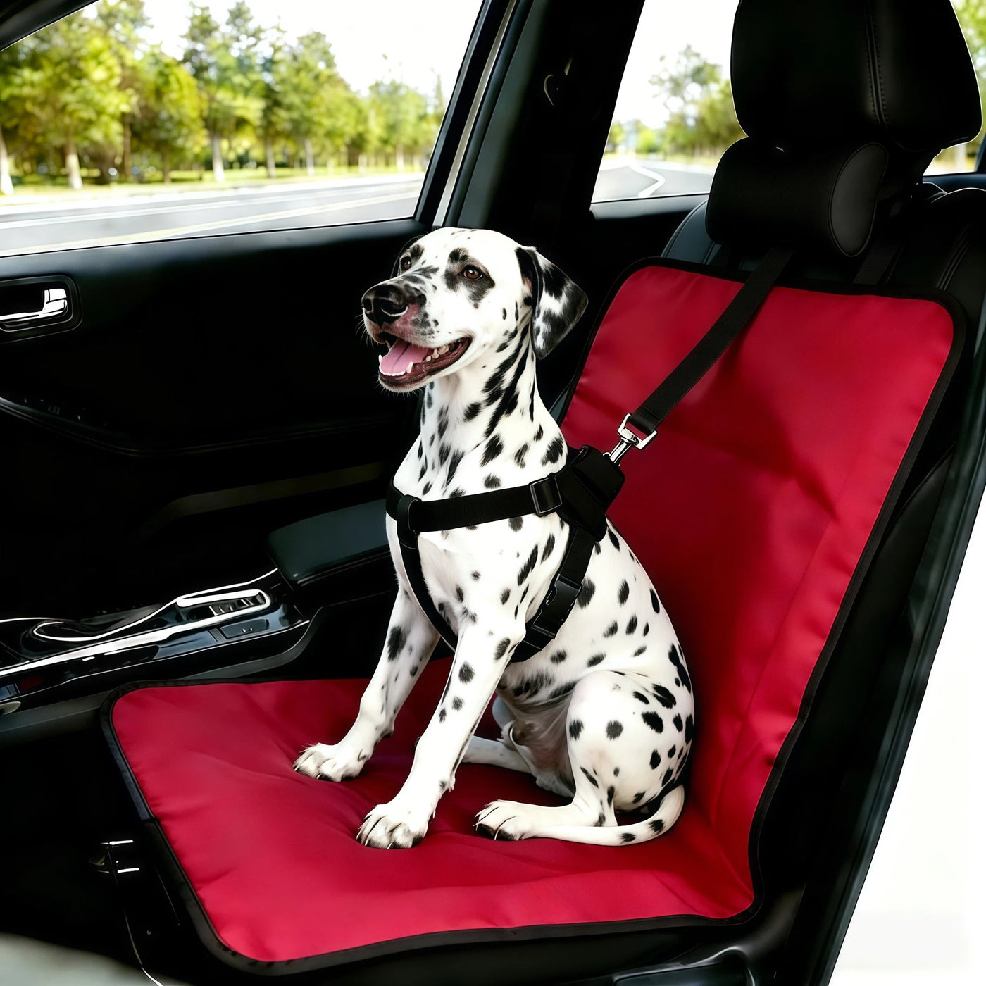 Dog Car Seatbelt Tether & Anti-Scratch Mat Set 2PCS – Adjustable Pet Travel Restraint with Seat Cover for SUVs & Sedans, All Vehicle Models