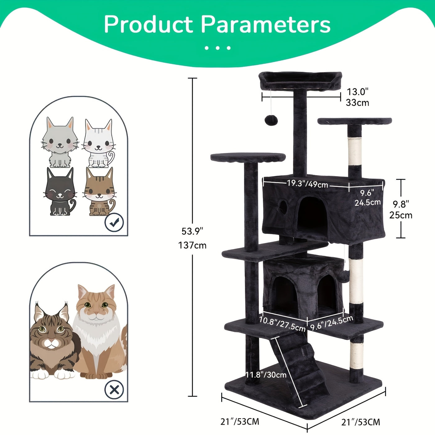 Multi-Level Cat Tree Tower with Scratching Post & Cat House - Indoor Cat Activity Center 22/54/60/70 Inch, Cat Climbing Tower for Kittens & Adult Cats, Easy Assembly